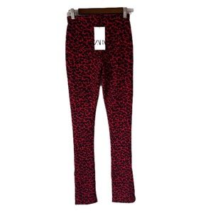 Zara Animal Print Pants Sz M High Waist Stretch Red Elastic Waist Plaid Trousers